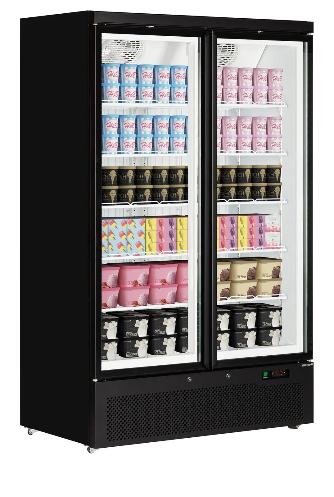 Congelator vertical TEFCOLD Atom Maxi F2DB, 702 l, 2 uși din sticlă, negru