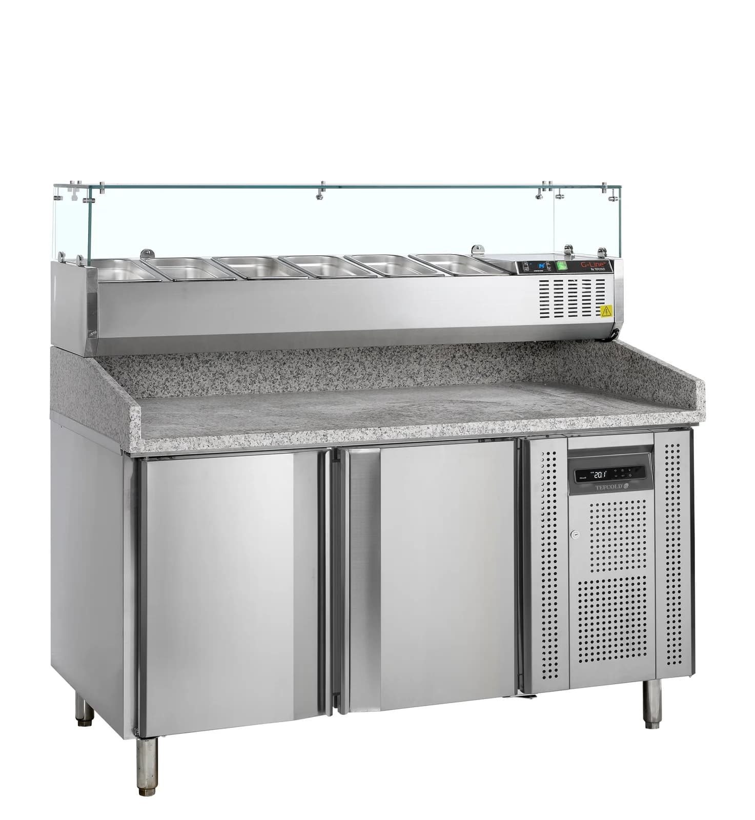 Masă rece pentru pizza TEFCOLD PT1200 + GVC38-150, 2 uși, 1510 mm, cu vitrină topping